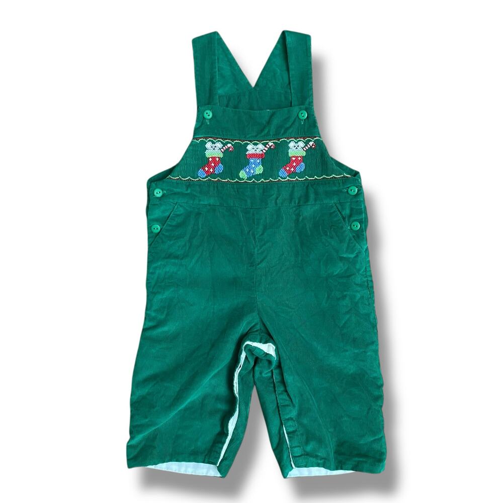 Anavini Hand Smocked Green‎ Corduroy Overalls Christmas Mouse 12M